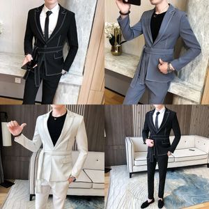 New Spring Suit Men Single Button Mens Slim Fit Suits with Pant Casual Stage Wedding Dress Belt Prom Tuxedo Costume Homme 201105 s s