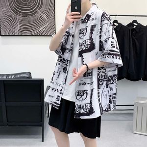 Summer Ice Silk Draping Loose Short Sleeved Shirt for Men's Casual Print Lapel Half Sleeved Shirt-p35