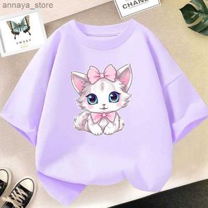 T-shirts flickor bomull söt katt/hund grafik t shirt sommar mode vintage personlighet kawaii lila kläder kort ärm topsl2404