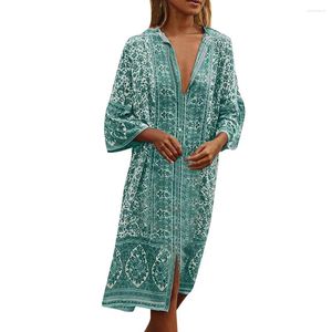 Vestidos casuais modernos para mulheres 2024 Summer Bohe Flowers Prind Button Down Blee Sleeve Dress Shop Moman Clothing Vestidos para Mujer