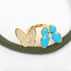 Anéis de cluster 2024 Pure 925 Sterling Silver Jewelry Blue Turquoise Butterfly Wedding Gold Color Party Engagement Luxo