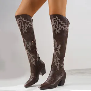 Сапоги 2024 Большой размер 43 высококачественные ретро -коричневые каблуки женского ковбоя на коленях Western Vintage Long Shoes