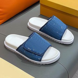 Men Flat Slippers Designer Sandals Blue Denim House Mule Platform Comfort Sliders Summer Sports Shoes Luxury Beach Sandale Embossed Vintage Print Letter Slipper