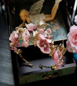 Kroean Baroque Beach Wedding Bridal Pink Flower Gold Butterfly Crown Pearls Party Warty Tiaar