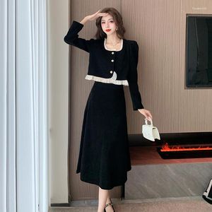 Work Dresses Elegant Chic Korean Black Corduroy Sets For Women 2 Pieces 2024 Autumn Winter Long Sleeves Short Tops Skirt Female Clothing