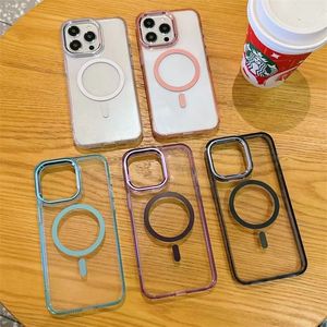 Candy Color Acrylic Clear Phone Cover för iPhone 15 14 Pro Max 13 12 11 Pro Max XR XS 7 8 Plus Magnetic Wireless Charging Cases stockfast icke-gulning