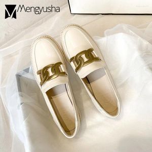 Casual Shoes Brand Designer Metal Chain Leather Flats Women Square To Rubber Derby Big Size 41-43 Chains Brogues Flat Loafers