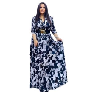 Vestidos de camisa estampada Mulheres Casual Manga longa Vestido longo Big Swing com faixas Free Ship