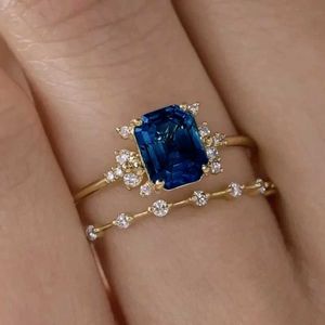 Band Rings Charm Women for Gold Color Square Blue Stone White Classic Design Wedding Party Acessórios Gift H240425