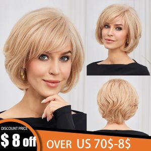 Wigs HAIRCUBE Short Blonde Wig for Women HandTied HD Lace Front Remy Human Hair Wig Natural Layered Bob Wig with Bangs Glueless Wigs