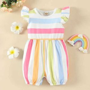 Rompers 2022 Newborn Baby Clothes Summer Baby Girl Outfit Colorful Rainbow Striped Flying Sleeve Baby Rompers Cool Baby Jumpsuits 0-18M d240425