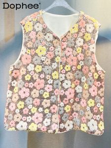 Women's Vests Retro Flower V-neck Sleeveless Elegant Vest For Women 2024 Summer Heavy Industry Color Sequins Hidden Hook Female