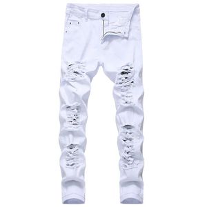 Erkek beyaz kot moda hip hop yırtılmış sıska erkekler denim pantolonlar ince fit streç sıkıntılı fermuar pantolon yüksek kalite 240417