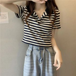 Skjortor preppy stil harajuku kvinnor randiga polo skjortor sommar ny kort ärm koreansk tshirt allmatch pullover mode kort smal topp