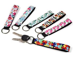 Neoprene wristlet keychain colourful printed wrist belt strip leopard lanyard key ring long diving material keychains6481570