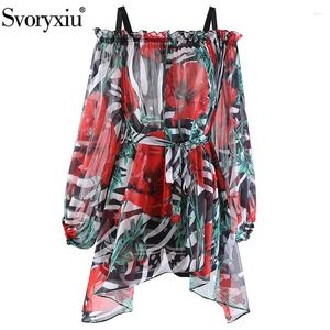 Women's Blouses Svoryxiu Runway Fashion Summer Gorgeous Rose Print Asymmetrical Chiffon Shirt Top Women Slash Neck Lace Up Slim Super Long