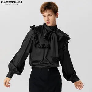 Męskie koszule 2024 Męskie koszulę solidną satynową golf koronki z długim rękawem Up Odzież Streetwear Ruffle moda unisex inderun