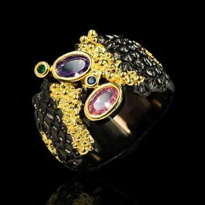 Band Rings Geometric black gold colorful zircon ring for women 925 silver Vintage wedding party engagement jewelry gift H240425