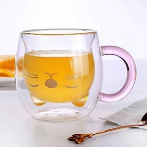Tumblers 250 ml de dupla camada gato canecas de vidro de gato xícara de café transparente com maçaneta rosa Chá de chá resistente ao verão H240425