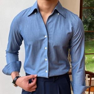 Herren lässige Shirts britischer Stil Alleinstimmiger Farbfarbe Sommerhemd trendy Jeans Blue Business Formal Kleid Langarm Männer Männer