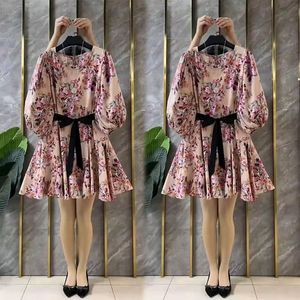 Designer plus-size dress Summer dress Loose crew neck floral simple temperament artistic personality Street patchwork belt cute dress Q9