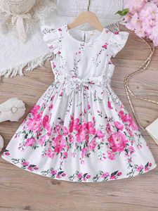 Mädchenkleider Mädchen Sommer NEU Sweet Blumen kleines fliegendes Ärmelkleid + lässige romantische Urlaubsstil Kleid mit Beltl2404