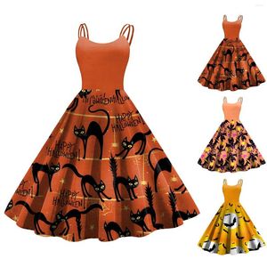 Vestidos casuais femininos Halloween estampa sem mangas da década de casa 1950 dona de casa do baile de formato de baile floral para túnica de verão