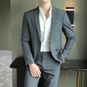 Suits Yüksek Kalite (Blazer+ Pantolon) Erkekler İngiliz Tarzı Zarif Moda Şovu Kıdemli Basit İş Beyefendisi Takım İki Parça