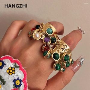 Cluster Rings HangZhi Natural Stone Tassel Opening For Women Multi Pendant Exaggerated Wide Vintage Chunky Large Jewelry Gift Design