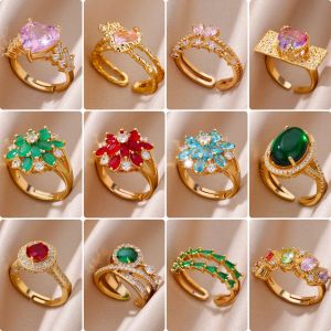 Bande Anello floreale zircone per donne Colore oro Anelli floreali in acciaio inossidabile regolabile Regalo estetico Gioielli inossidabile