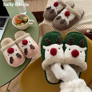 Slippers Green Christmas Wild Reindeer Down Cotton Women 2024 Winter Indoor Keep Warm Slides Round Toe Slip-On Cute Shoes