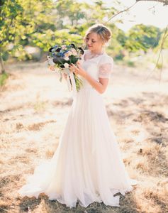 ALine Chiffon Lace Beach Modest Wedding Dresses Short Sleeves V Neck Cheap Simple Spring Garden Wedding Party Informal Bridal Gow7349307