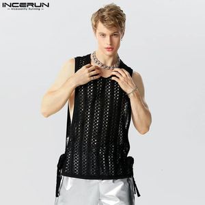 Men tanks tops msh hollow out transparente v coletes de verão de pescoço de pescoço com renda sexy up streetwear roupas s-5xl incerun 240419