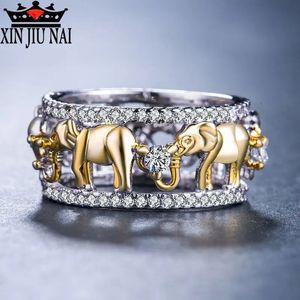 Luxurious Pure Copper Antique Gold Color Lucky 3D Africa Elephant Ring Romantic Zircon Ring For Man/Woman Ball Party Jewelry 240424