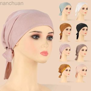 Hijabs muslimska kvinnor hijab satin modal bomullsbotten hatt 6 färger fast färg elastisk spets hatt hijab justerbar redo i lager D240425
