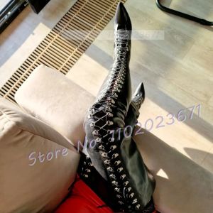 Boots Gladiador Laceup Crotch Boots Women Pointy Toe Streetwear Punk Sexy Long Shoes Ladies Fashion High Thin Heels Couture Boots