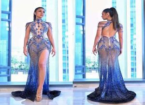 Women dress Yousef aljasmi Evening High neck Blue Beads Crystals Split Tassel Long dress Labourjoisie Kim kardashian kylie jenner3247856