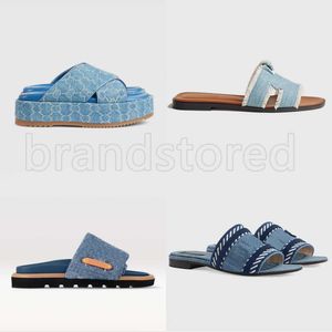 En kaliteli jane denim slaytlar tasarımcı kadın sandaletler düz terlik 24 bahar yaz plaj sanal femme senaryo terlik işlemeli yaz katırları pantoufle scuffs