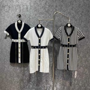 Basic & Casual Dresses Designer 23 Summer New V-neck Slim Fit Drawstring Waistband Short Sleeve Knitted Dress G3WL