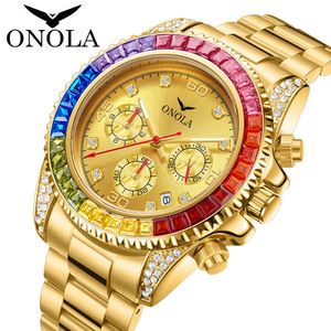 Fashion Business Gold Watch Onola Водонепроницаемые твердое ядро ​​точная стальная полоса Rainbow Di Watch для мужчин нового стиля