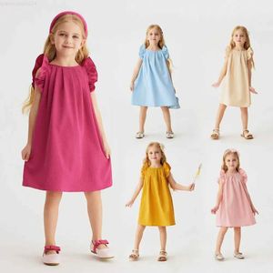 Girl's Dresses Wholesale Baby Girls Keyhole Ruffle Trim Dress Pleated Dress Casual Solid Color Kids Summer Clothes Cheap Direct SalesL2404