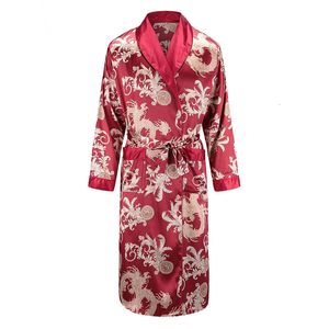 Långärmad mantel satin sömnkläder tryck drake phoenix kimono badrock klänning mens casual hemkläder lösa pyjamas l-xxl 240423