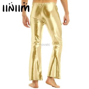 Calça masculina adulta masculina brilhante calça de discoteca Metallic 70s com calças de sino com calças de campainha queimada