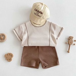 Giyim setleri bebek giyim seti kısa stil erkekler tacksuit waffle tişört ve şort 2 adet kızlar giysi seti h240425