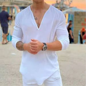 T-Shirts Bahar Erkekler Tshirt Vneck Uzun Kollu Renk Sır Renk Üst Tee Fashion Sıradan Pullover T Shirt Erkekler için Giyim 2023 Yeni Street Giyim