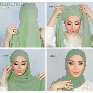 Hijabs Mulheres Muçulmanas Chiffon Hijab com boné de capital instantâneo chiffon hijab pinles shawl cabeça de cabeça sob tampas de lenço capa Headwrap D240425
