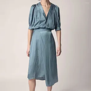 Partykleider Zessam Blue Solid Graphic Drucken Frauen Kleid V-Ausschnitt Kurzarm Knopf Lady Long Rock Freizeit klassische Femme 2024