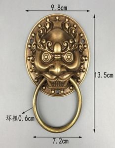 Feng folk cinese Shui Old Bronze Copper Foo Fu Dog Leone Head Knocker1368872