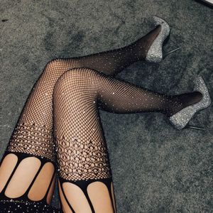 Sexiga strumpor tights mesh piga spets sexig ren genomskinlig svart fisknät hängslen strass strumpbyxor