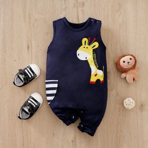 Endelar nyfödda kläder söt tecknad giraff broderi bekväma och mjuka sommarpojkar och flickor 018 ärmlös baby jumpsuit